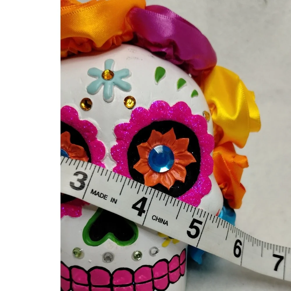 Día de los Muertos Sugar Skull Figurine w/ Satin Flowers‎ & Rhinestones Decor